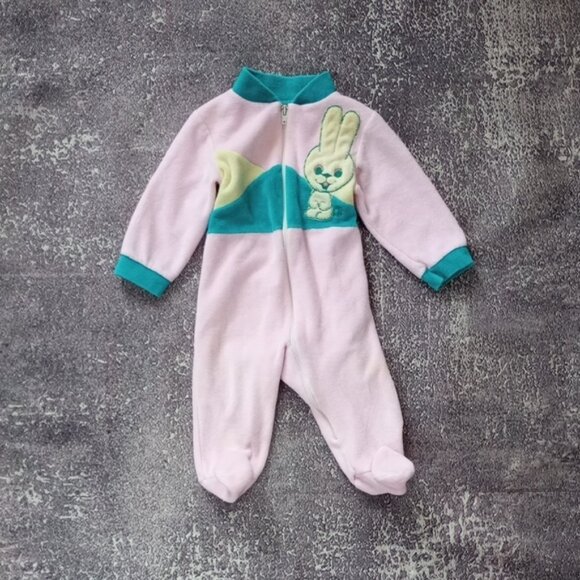 VINTAGE Kids One Piece with Bunny Design - Pink and Teal OPTI ZIPPER